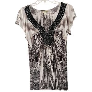 World  Unity Boho Top Women's Sz S Black White Beaded Lace Short Sleeve Pullover